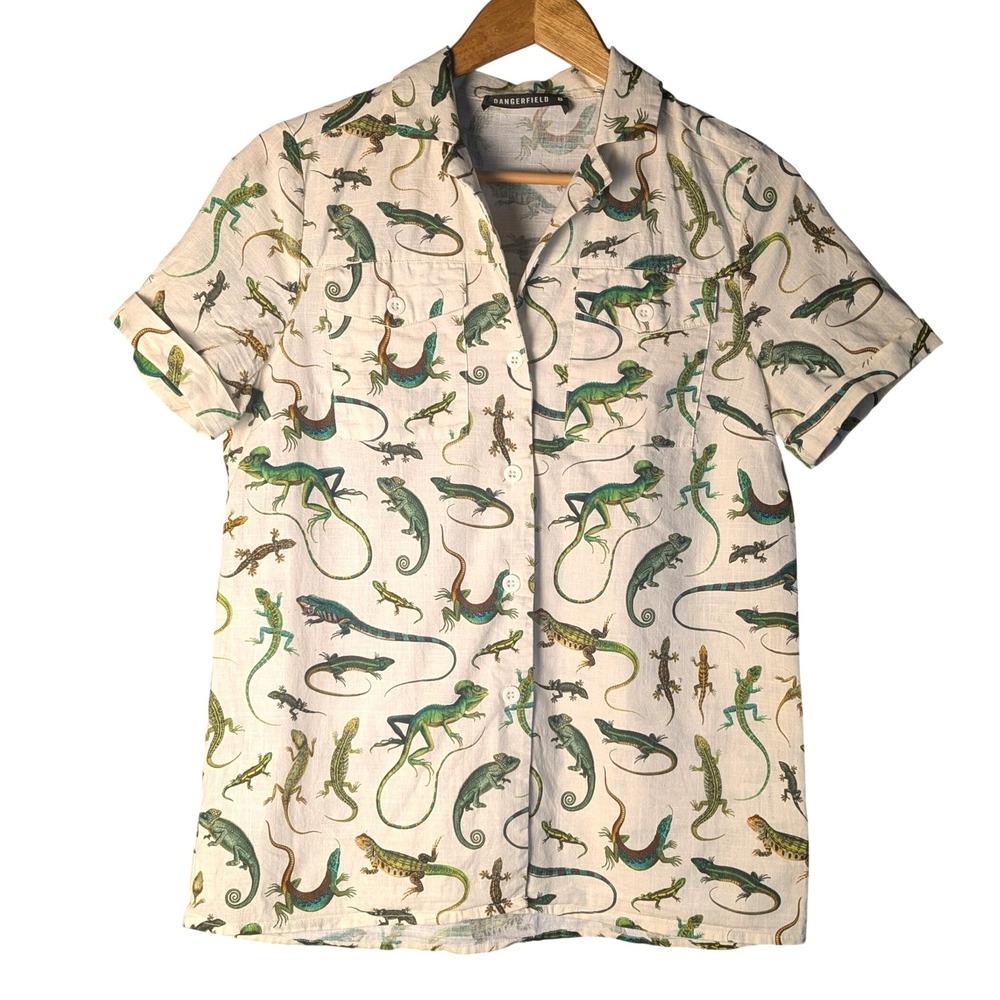 8 Dangerfield LIZARD FAM Print Organic Cotton Button Down Shirt Cream Green